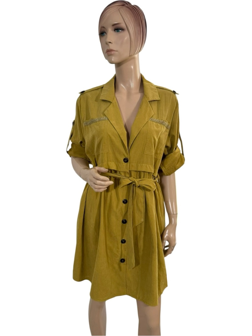 Listicle Mustard Utility Safari Shirt Dress Belted Gold Trim Size Large